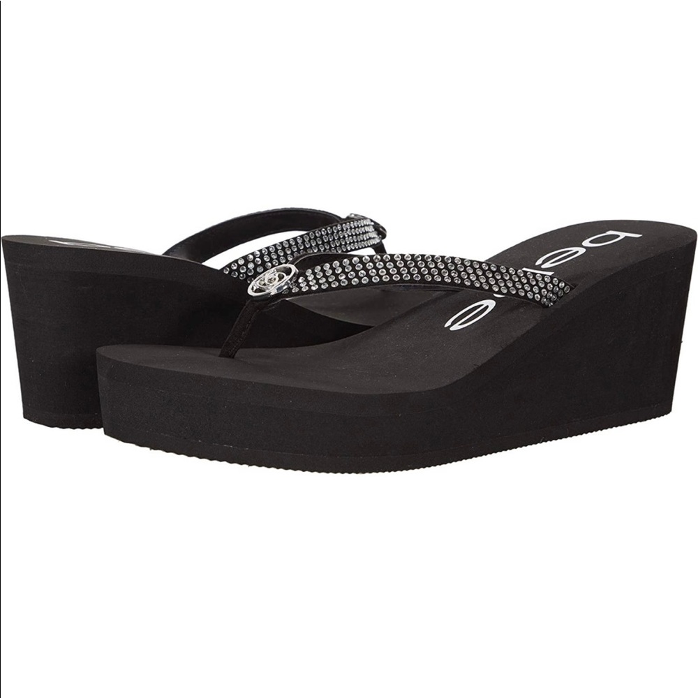 BEBE size 11 Wena Black Wedge Thong Platform Sandals